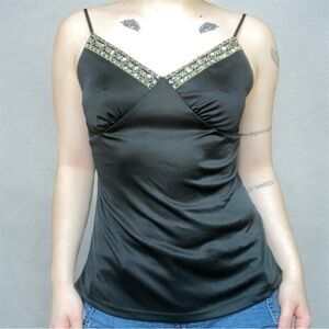 Black Y2K Xhilaration Cami Top with satin like finish beaded trim